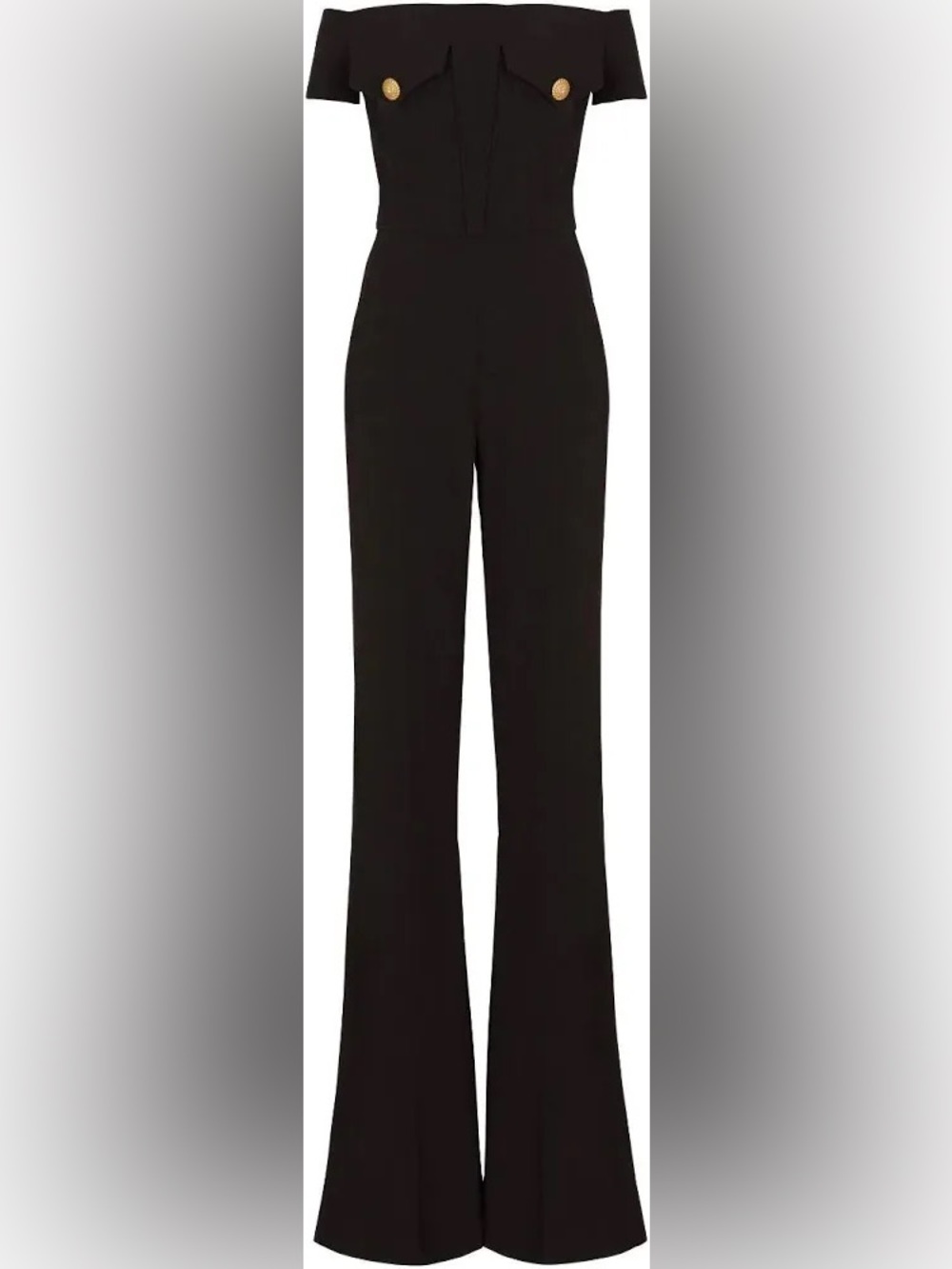 BALMAIN Black Off-Shoulder Jumpsuit with Gold Buttons - Picture 3 of 11